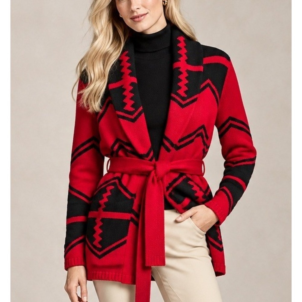 Lauren Ralph Lauren Lambswool Southwestern Belted Cardigan Sweater S Equestrian